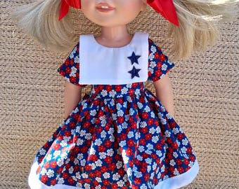 Red White Blue Doll Dress, Sailor Collar, Stars Fits 14" Dolls ( NOT TONI P )