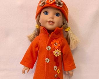 Orange Felt Doll Coat and Hat: Handmade Flower Appliques, Fits 14" Dolls