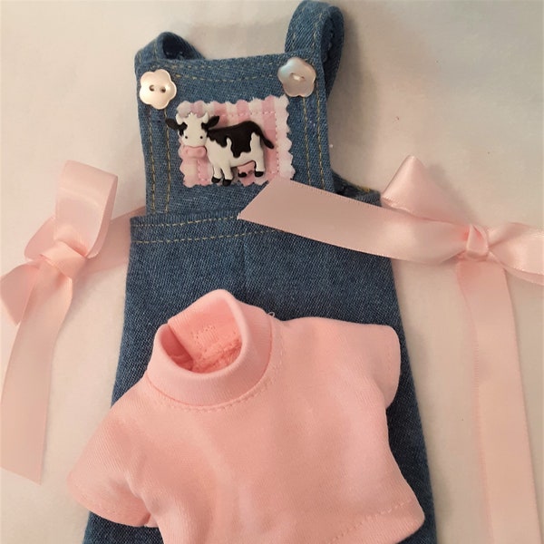 Pink Cow Overalls for 14" dolls such as American Girl Wellie Wishers.  Handmade in the USA.
