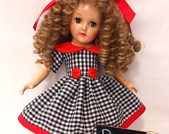 Gingham Doll Dress with Red Trim: Fits 14" Wellie Wisher Dolls