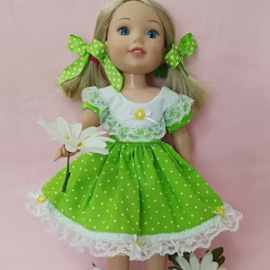 Lime Green Polka Dot Dress Fits 14 Inch Wellie Wishers, Toni P 90, And other 14 Inch Dolls, White Frilly Lace, Bows, And Appliques&#39; Handmade