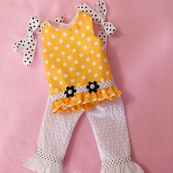 3 Pc. Polka Dot Tunic Set In Yellow And White Fits 14" Wellie's, Toni P 90, And Others. Cotton Tunic, Seersucker Pants, Hair ribbons too