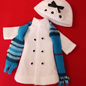 White Doll Coat, Hat, And Scarf Fits 14" Dolls  Like Wellie Wishers,  Paola Rena, Ruby Red, And Others  Three Piece Set Made In Felt