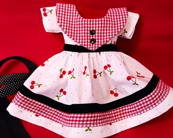 14 Inch Doll Dress: Cherry Print, Gingham Collar, Velvet Ribbon