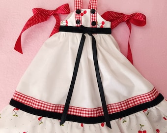 14 " White Gown With Red Cherry Ruffle, Red Gingham Ribbon And Black Velvet Ribbon Trim , Fits Wellie Wishers And Others, Hair  Ribbons Too