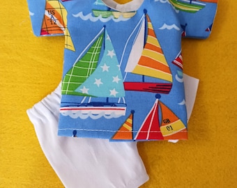 Little Boy Sail Boat Shirt And Shorts, Fits 14 Inch Dolls Like Wellie Wishers, Cotton Sail Boat Print, Sportswear Twill Shorts, Summer  set