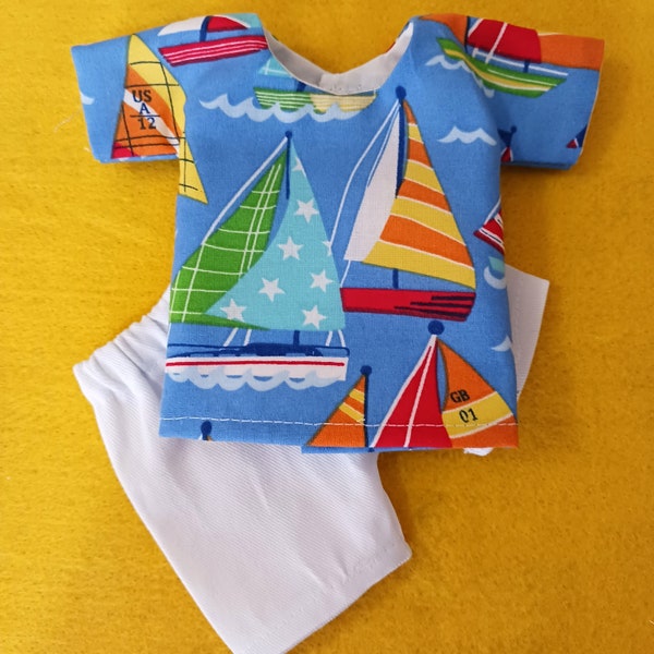 Little Boy Sail Boat Shirt And Shorts, Fits 14 Inch Dolls Like Wellie Wishers, Cotton Sail Boat Print, Sportswear Twill Shorts, Summer  set