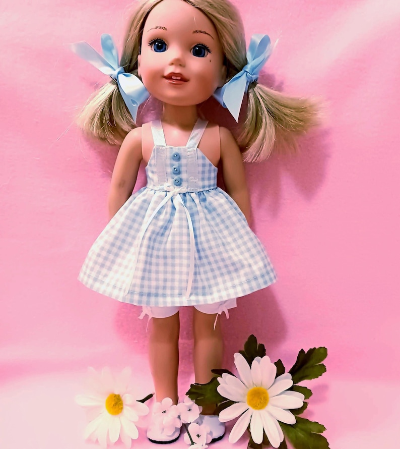 Gingham Doll Outfit: Blue Top, White Shorts, Hair Ribbons - Fits 14" Dolls afbeelding 2