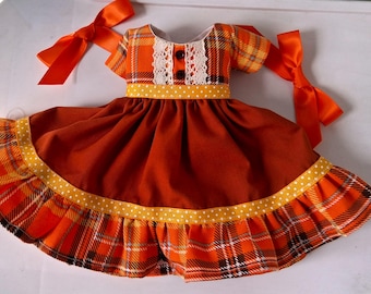 Fall's Coming Yall, 14" Doll Dress, Orange, Rust, Gold, Fabric Ruffle, Fits Wellie's ,Toni P 90, And Others