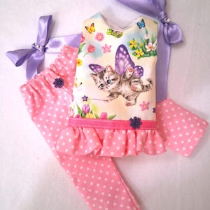 Doll Tunic and Pants Set, Kitty Fairy Print, Polka Dot Ruffles, Fits 14" Dolls
