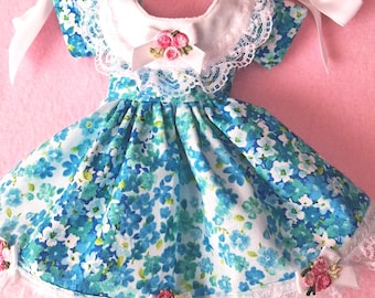 Teal Floral 14" Doll Dress, Lace, Appliques, Hair Ribbons