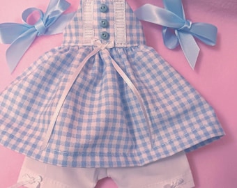 Gingham Doll Outfit: Blue Top, White Shorts, Hair Ribbons - Fits 14" Dolls