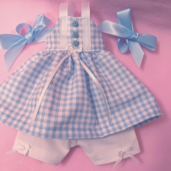 Gingham Doll Outfit: Blue Top, White Shorts, Hair Ribbons - Fits 14" Dolls