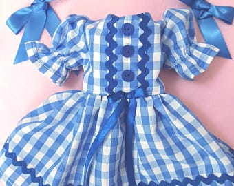 Gingham Doll Dress: Rick Rack Trim, Hair Ribbons - Fits 14" Dolls
