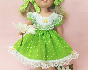 Handmade Lime Green Polka Dot Doll Dress with Lace, Fits 14 Inch Dolls