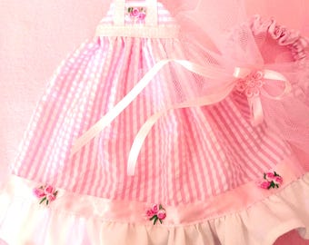 Dainty Pink Easter Seersucker Gown Fits 14" Dolls. Headband Included