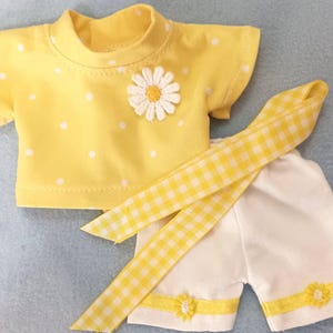 Yellow Polka Dot Jersey Set: Daisy Applique, Gingham Hair Ribbons