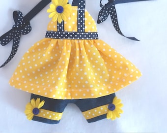 Handmade Doll Outfit for 14" Wellie Wishers: Blue Shorts, Polka Dot Top, Hair Ribbons