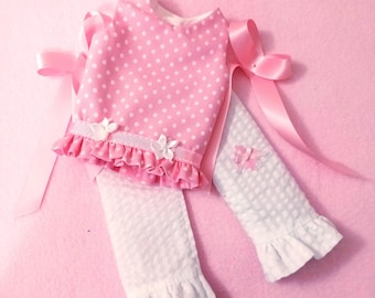 Pink Polka Dot Doll Pant Suit with Ruffled Top: Fits 14 Inch Wellie Wishers