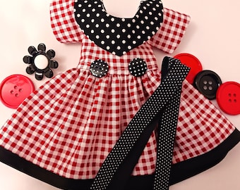 Red Gingham Doll Dress: Black Polka Dot Collar, Fits 14" Dolls