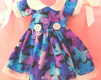 14" Doll Dress: Purple & Blue , Buttons, Butterflies, White Bias Trim