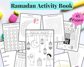 Puede incluir: Un libro de actividades descargable digitalmente para niños que celebran el Ramadán. El libro presenta una variedad de actividades, que incluyen páginas para colorear, laberintos, búsquedas de palabras y mucho más. La portada del libro presenta una ilustración colorida de una mezquita y una luna creciente.