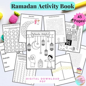 Pode incluir: Um livro de atividades para download digital para crianças que celebram o Ramadã. O livro apresenta uma variedade de atividades, incluindo páginas para colorir, labirintos, caça-palavras e muito mais. A capa do livro apresenta uma ilustração colorida de uma mesquita e uma lua crescente.