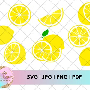 Op de afbeelding: Illustraties van gele citroenen in verschillende vormen: heel, in plakjes en partjes. De afbeelding bevat de tekst "SVG | JPG | PNG | PDF" en een logo van Color Queen Creations.