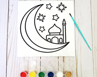 Mosque on Moon DIY Islamic Canvas Paint Kit, Painting Craft, Art, Gift, Kids Activity, Muslim, Ramadan, Eid, Coloring, Panel, Masjid, 8x8