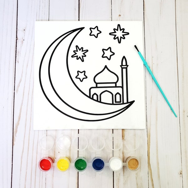 Mosque on Moon DIY Islamic Canvas Paint Kit, Painting Craft, Art, Gift, Kids Activity, Muslim, Ramadan, Eid, Coloring, Panel, Masjid, 8x8