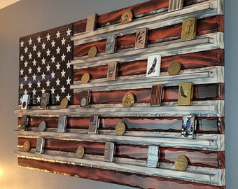 Rustic wooden American flag challenge coin/zippo holder challenge coin rack display Personalized/ Engraved