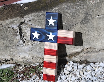 Handcrafted rustic wooden American flag cross. Handmade cross