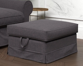 EKTORP Footstool Cover, Handmade Natural Linen Slipcover - Custom Made To Fit EKTORP Extorp Footstool Ottoman Model