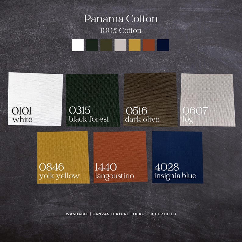 Op de afbeelding: Een Panama katoenen stoffenstaalkaart van 100% katoen met een canvas textuur. Het overzicht toont zeven kleuropties: wit 0101, zwart bos 0315, donker olijf 0516, mist 0607, eigeel 0846, langoustino 1440 en insigne blauw 4028.