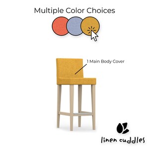 Op de afbeelding: Een gele barkruk met een stoffen hoes gelabeld 1 Main Body Cover. Bovenaan staat de tekst Multiple Color Choices met drie cirkels in rood, blauw en geel, waarbij de laatste wordt geselecteerd door een cursor. Het logo linen cuddles staat onderaan.