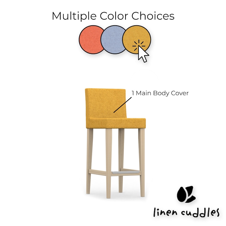 Op de afbeelding: Een gele barkruk met een stoffen hoes gelabeld 1 Main Body Cover. Bovenaan staat de tekst Multiple Color Choices met drie cirkels in rood, blauw en geel, waarbij de laatste wordt geselecteerd door een cursor. Het logo linen cuddles staat onderaan.