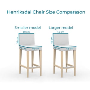 Op de afbeelding: Een maattabel voor Henriksdal-stoelen met twee lichtgekleurde barkrukken met houten poten. Het kleinere model is 38 cm breed, 43 cm diep, 40 cm breed en 36 cm hoog. Het grotere model is 44 cm breed, 48 cm diep, 48 cm breed en 46 cm hoog.