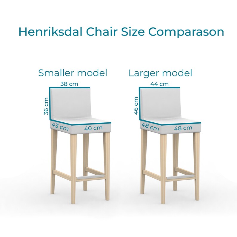 Op de afbeelding: Een maattabel voor Henriksdal-stoelen met twee lichtgekleurde barkrukken met houten poten. Het kleinere model is 38 cm breed, 43 cm diep, 40 cm breed en 36 cm hoog. Het grotere model is 44 cm breed, 48 cm diep, 48 cm breed en 46 cm hoog.