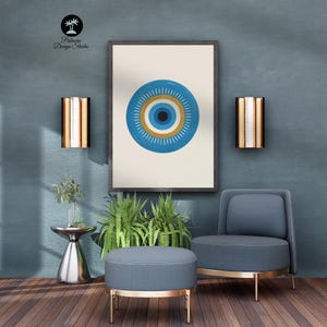 Póster imprimible de mal de ojo / Arte mural de Nazar azul / Decoración bohemia moderna para sala de estar o espacio de meditación