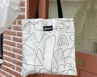 Pattern minimalist canvas bag, Tote, Woman Bag, white bag, handmade gift, gift for her, birthday gift, reusable bag, laptop bag, modern bag