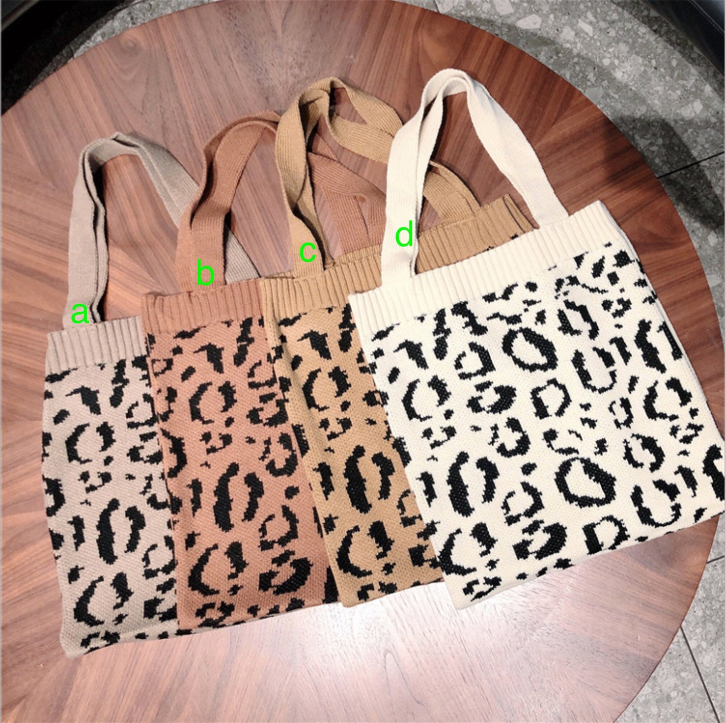 Knitted Leopard Print Tote Bag Animal Print Crochet Bag 