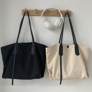 Waterproof Nylon Shoulder Bag, Work School Bag, Picnic Bag, Beach Bag, Gift for Her, Side Bag, Shopping Reusable Bag, Beige Black Bag