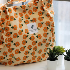 Back to School Bag, Orange Flower Corduroy Tote Bag, Pattern Corduroy, Rose Bag, Floral Print, Summer Tote, Gift for Her, Shopping Grocery