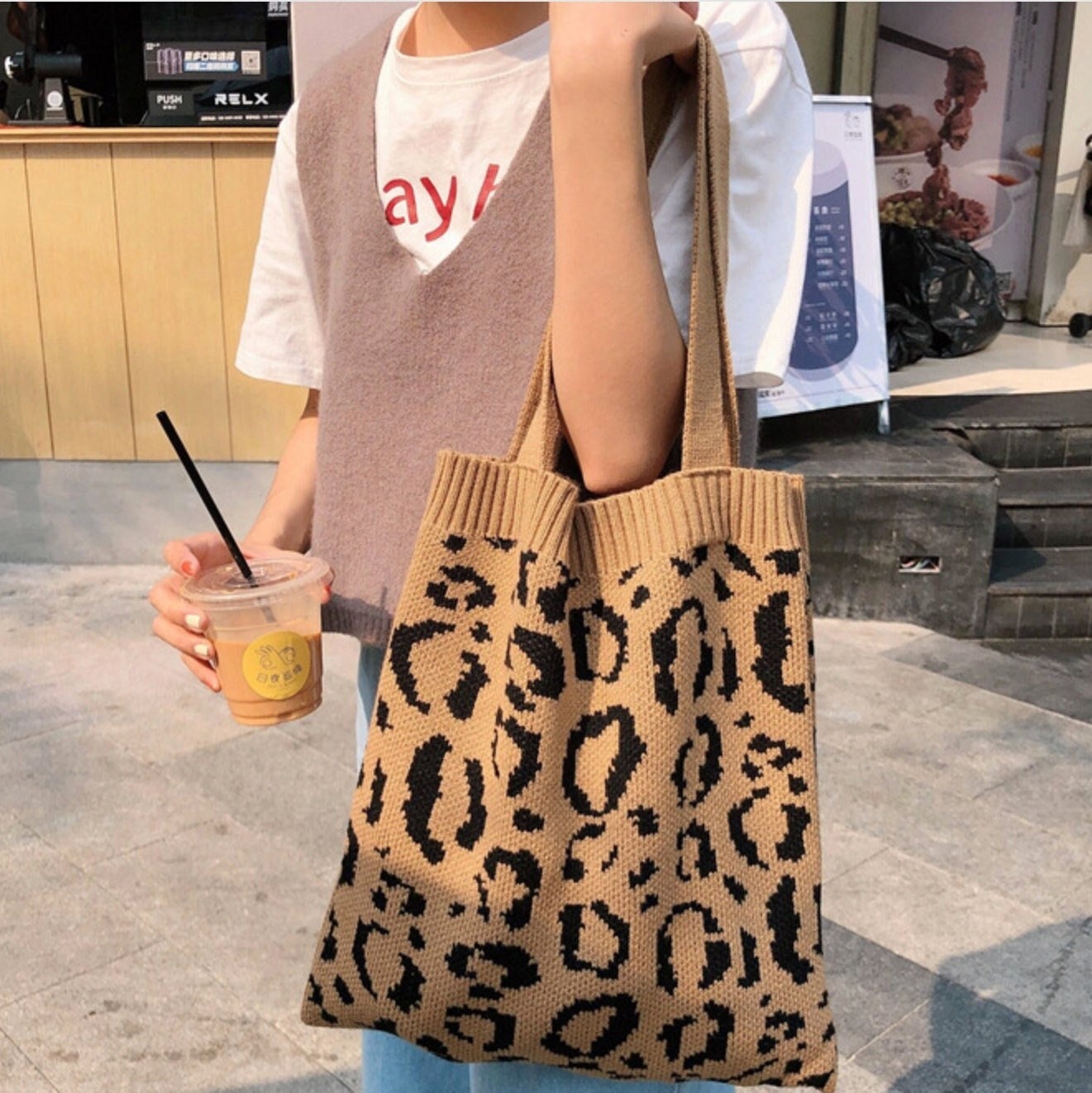 Knitted Leopard Print Tote Bag Animal Print Crochet Bag 