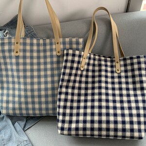 Checkered Tote bag, Faux Leather, Shoulder Bag, Canvas Bag, Picnic Tote, Gift for Her, Birthday Gift, Reusable Shopping Grocery Tote, Summer