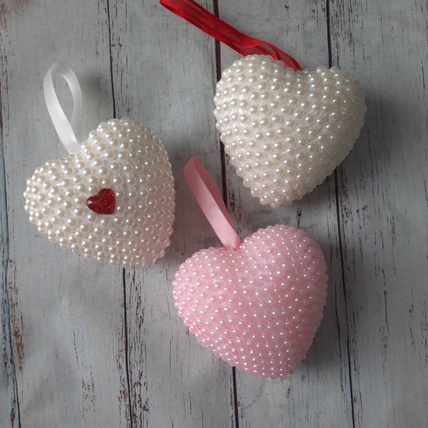 Hanging Heart - Keepsake - Paper Roses - Pearls - Valentines Gift - Xmas Decoration - Resin Heart - Gift Ideas - Polystyrene  Heart