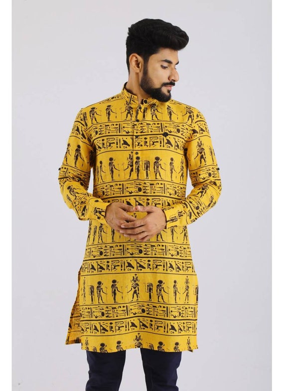 Linen Printed Kurta In Yellow For Men designer kurta wedding Etsy