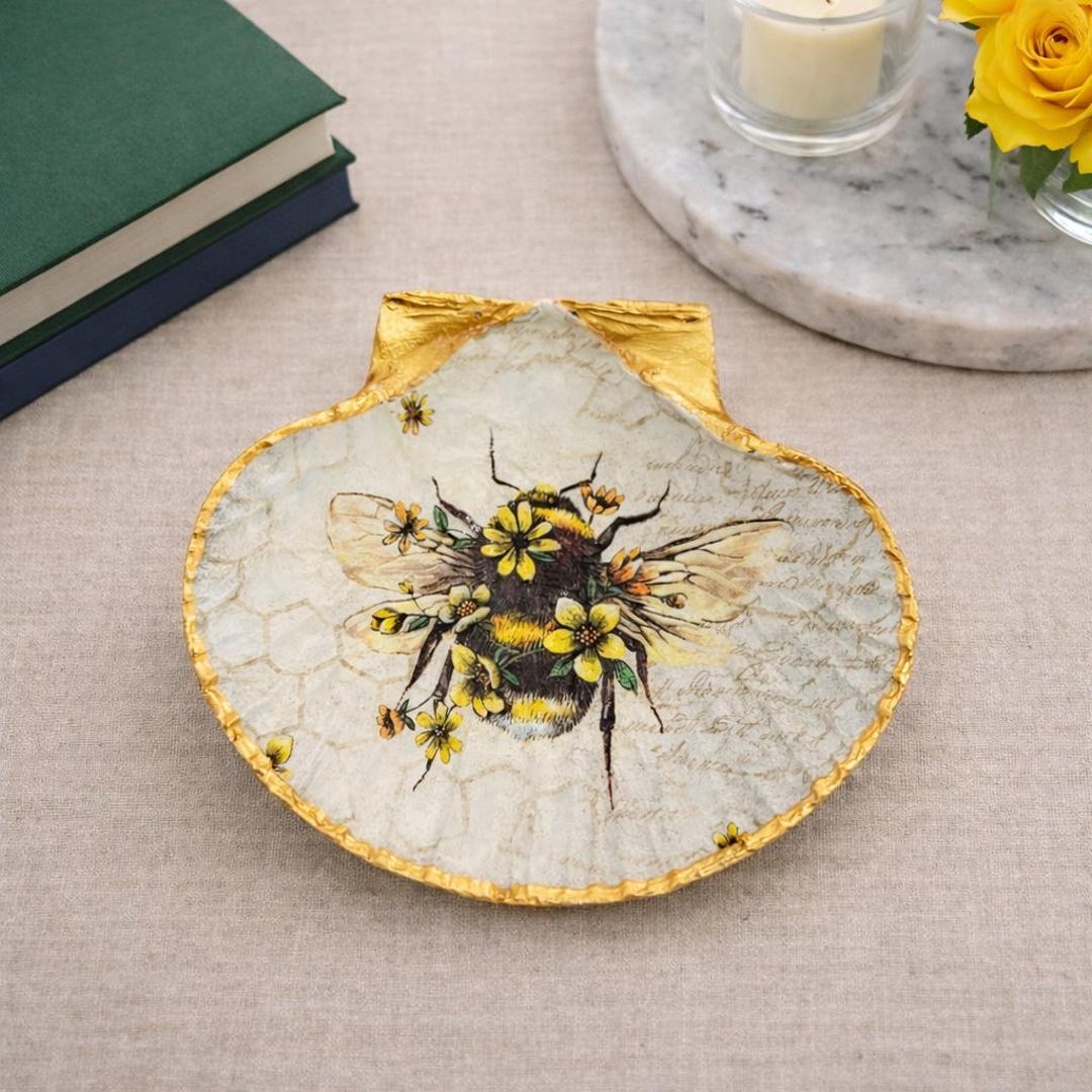 Shell Trinket Dish Decoupage Bee Design - Etsy
