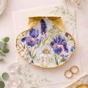 Shell trinket dish iris and daisies design decoupaged