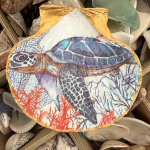 Peut inclure: Coquillage peint avec un motif de tortue marine. La carapace de la tortue est bleue et violette, avec une tête et des nageoires détaillées. Le fond comprend du corail et des plantes marines, avec un bord doré.